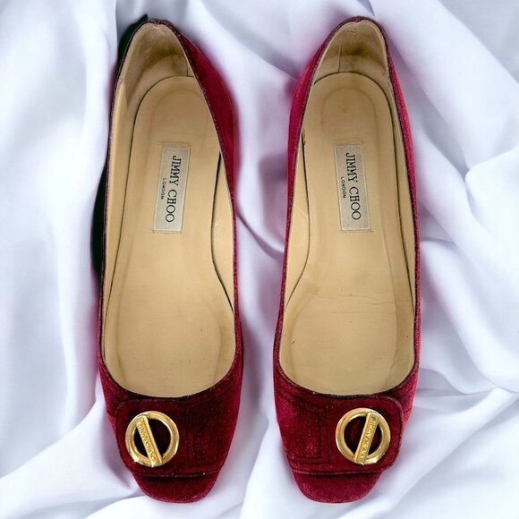 Jimmy Choo Shoes - JIMMY CHOO Maroon Red Suede Square Toe Logo Buckle Flats Size 39.5 / US 9.5